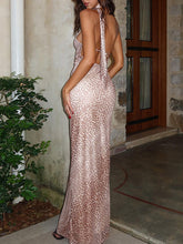 Sloping Shoulder Halterneck Long Ribbon Leopard Backless Dress